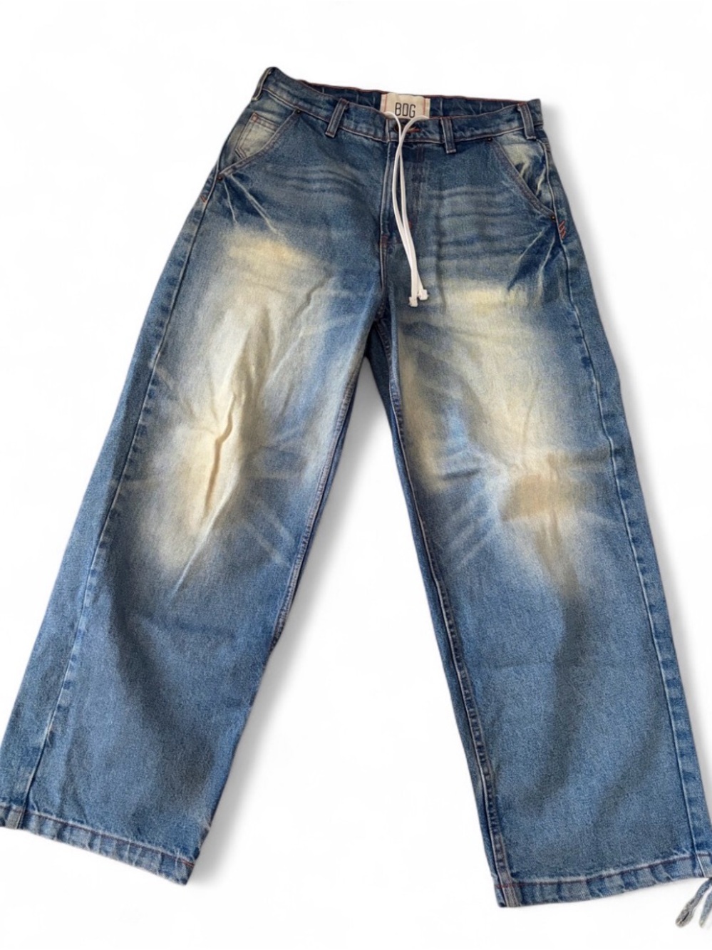 BDG Oversized Baggy Drawstring Blue Jeans with Bleached Front Size XS
